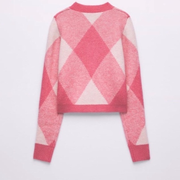 NWT Zara Argyle Crop Cardigan, Pink Jacquard Knit | Sz M - Picture 3 of 6